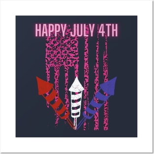 Happy July 4th (pink leopard flag & firework sticks) Posters and Art